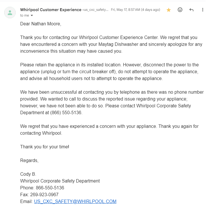 Maytag/Whirlpool's useless form letter