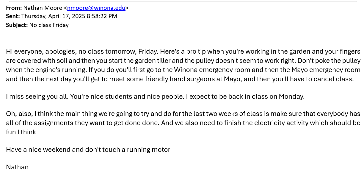 The email I sent my students from the hospital